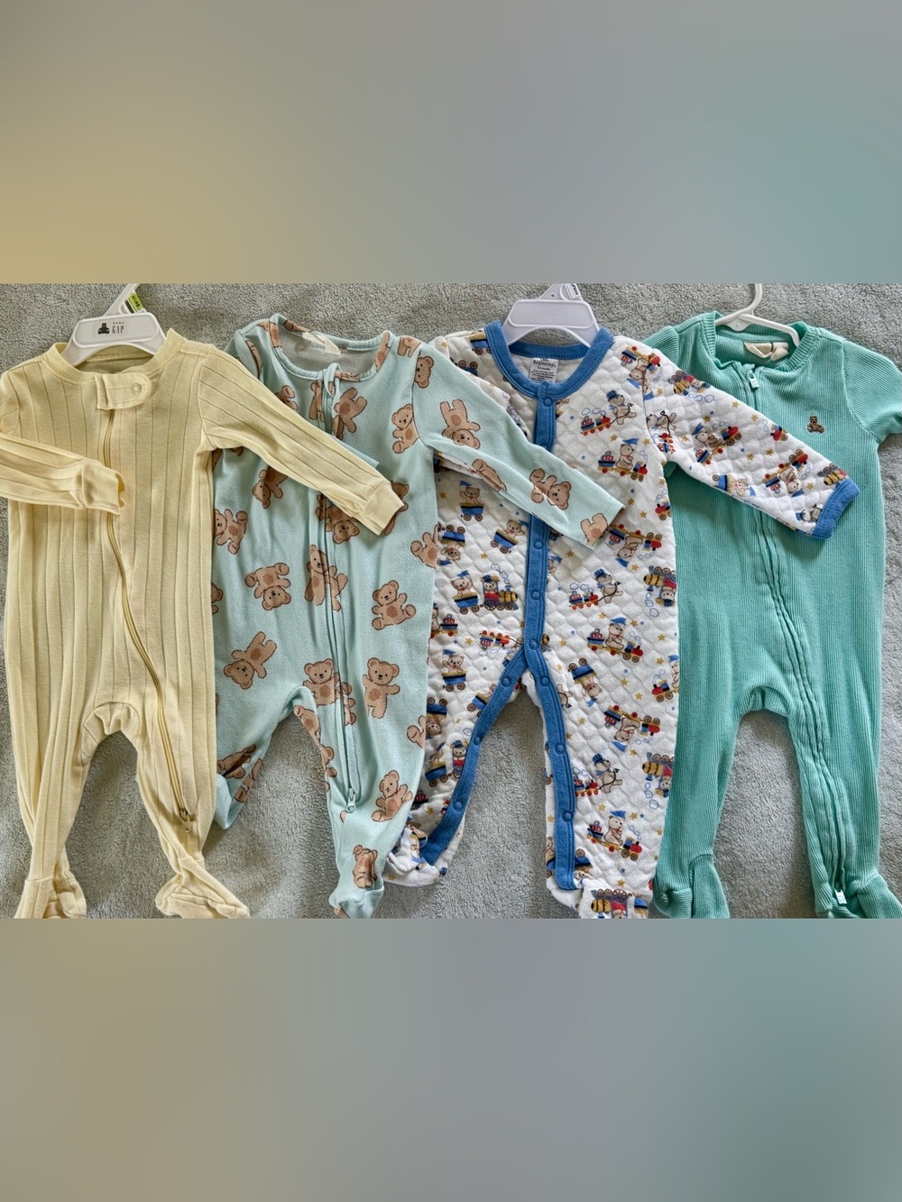 Cozy Baby Footed Pajamas Set - Teddy & Train Prints, Mint + White
